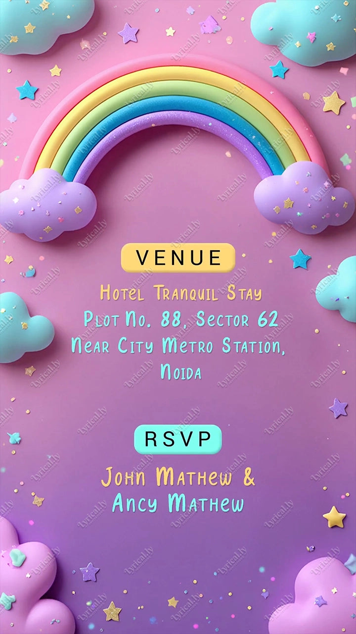 Baby Unicorn In The Sky With Rainbow Birthday Invitation Video | IN-0449