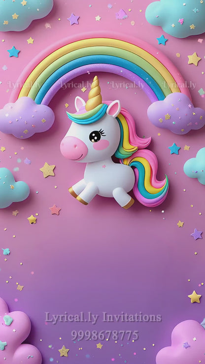 Baby Unicorn In The Sky With Rainbow Birthday Invitation Video | IN-0449