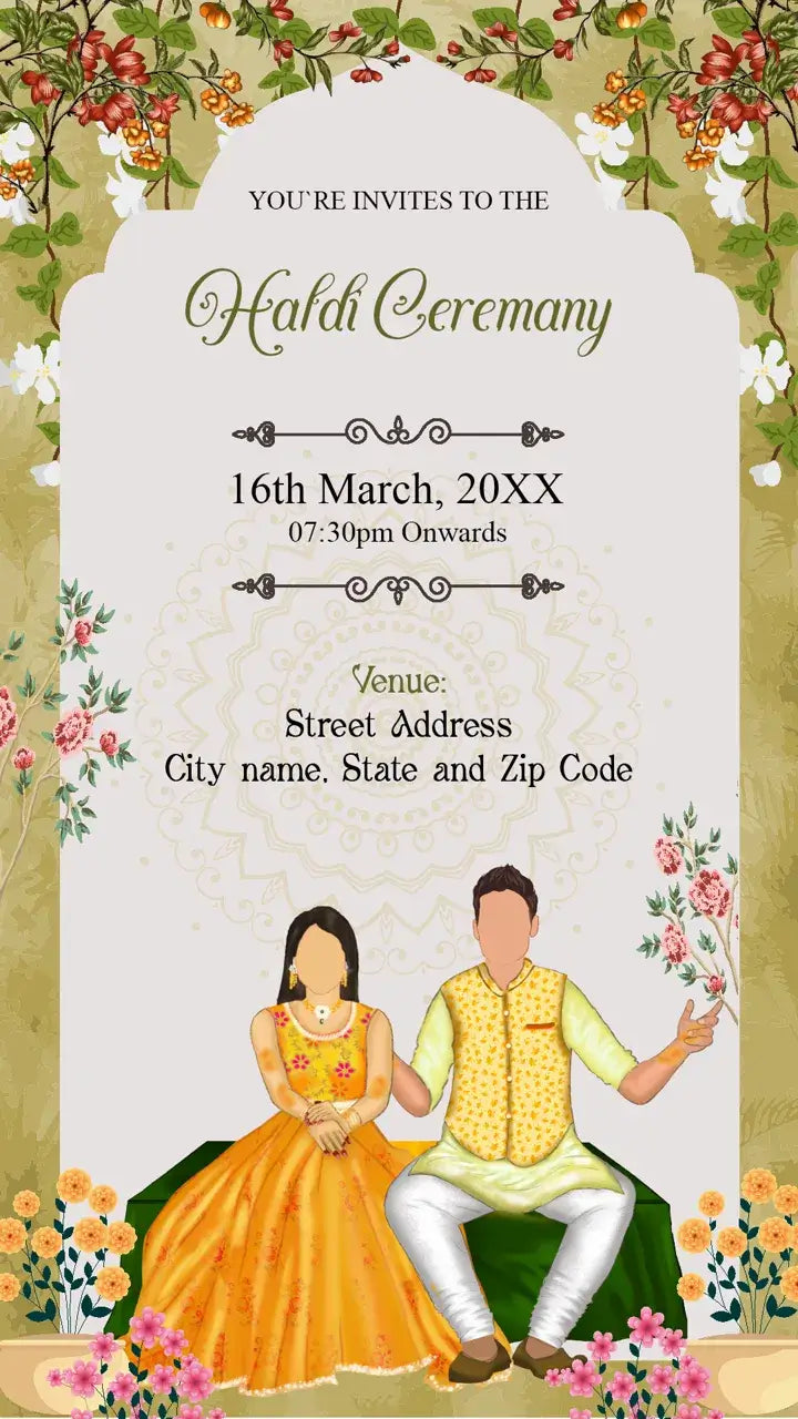 Haldi Ceremony Invitation Card With Caricature | IN-0235