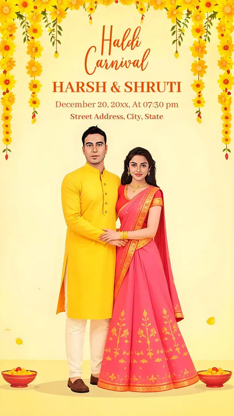 Couple Caricature Invitation Card for Haldi Ceremony | IN-0284